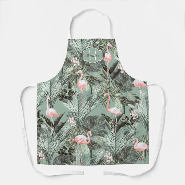 Flamingo Orchid Tropical Pattern Sage ID868 Apron (Front)