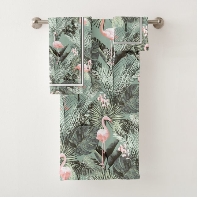 Flamingo Orchid Tropical Pattern Sage ID868 Bath Towel Set (Insitu)
