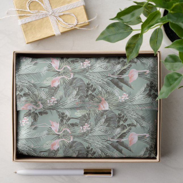 Flamingo Orchid Tropical Pattern Sage ID868 Tissue Paper (Gift)