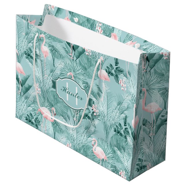 Flamingo Orchid Tropical Pattern Teal ID868 Large Gift Bag (Front Angled)