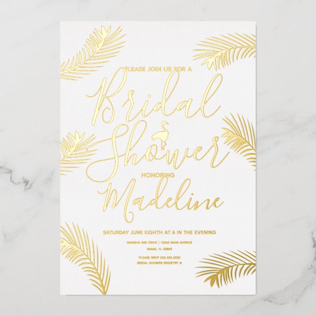 Flamingo Palm  Bridal Shower Foil Pressed  Foil Holiday Card (Front)