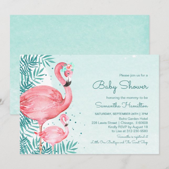 Flamingo & Palm Leaves Teal Watercolor Baby Shower Invitation (Front/Back)