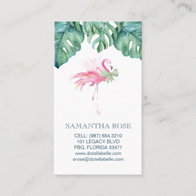 Flamingo Palm Leaves Tropical Business Card (Front)