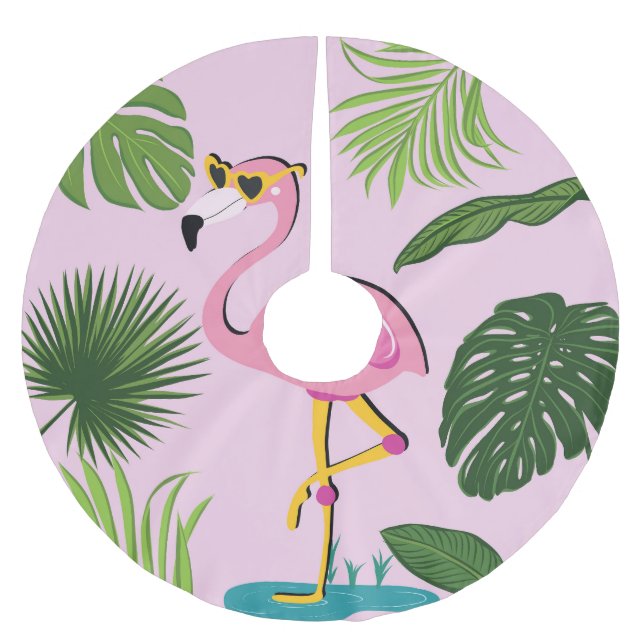 Flamingo Palm Leaves Tropical Design Brushed Polyester Tree Skirt (Front)