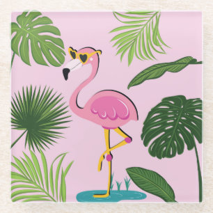 Flamingo Palm Leaves Tropical Design Glass Coaster