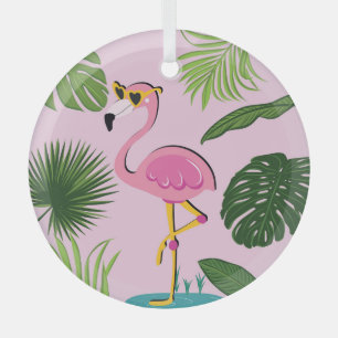 Flamingo Palm Leaves Tropical Design Glass Tree Decoration