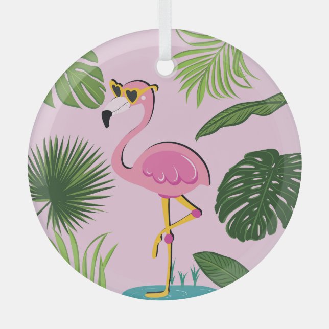 Flamingo Palm Leaves Tropical Design Glass Tree Decoration (Front)
