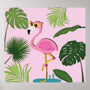 Flamingo Palm Leaves Tropical Design Poster