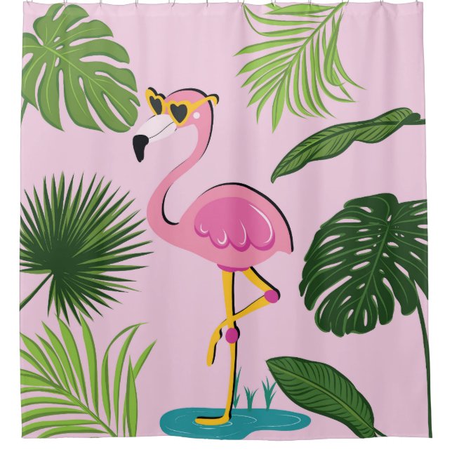 Flamingo Palm Leaves Tropical Design Shower Curtain (Front)