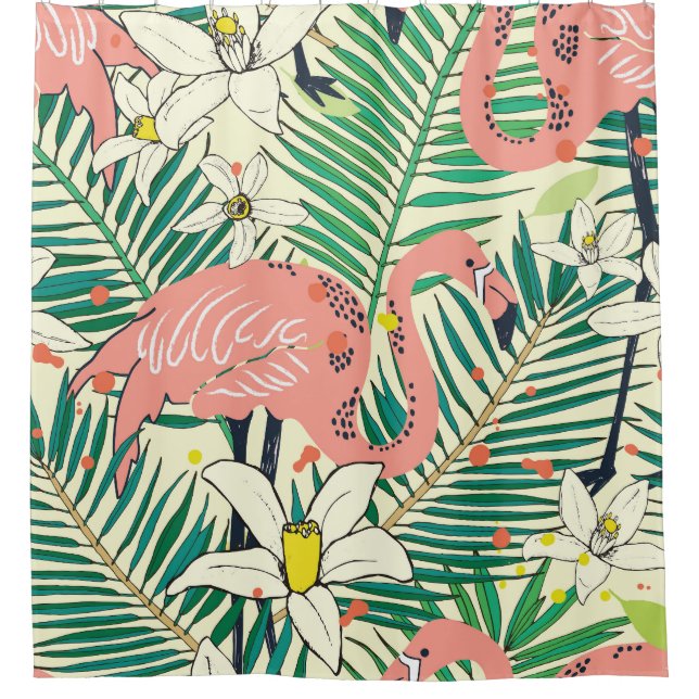 Flamingo Palm Leaves: Tropical Vintage Shower Curtain (Front)