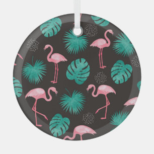 Flamingo, palm leaves: tropical watercolor. glass tree decoration