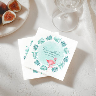 Flamingo & Palm Leaves Wreath Teal Baby Shower Napkin