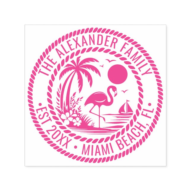 Flamingo Palm Tree Boat Family Name Date Est Loc Self-inking Stamp (Design)