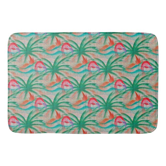 Flamingo Palm Tree Burlap Look Bath Mat (Front)