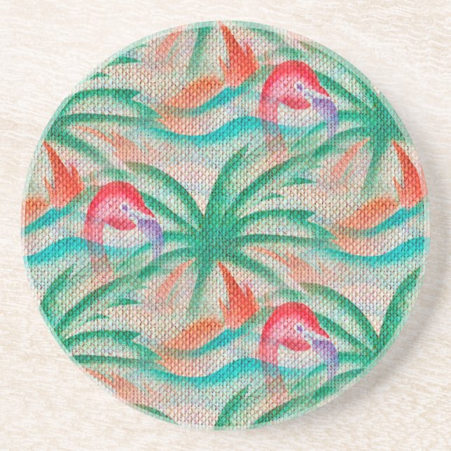 Flamingo Palm Tree Burlap Look Coaster (Front)