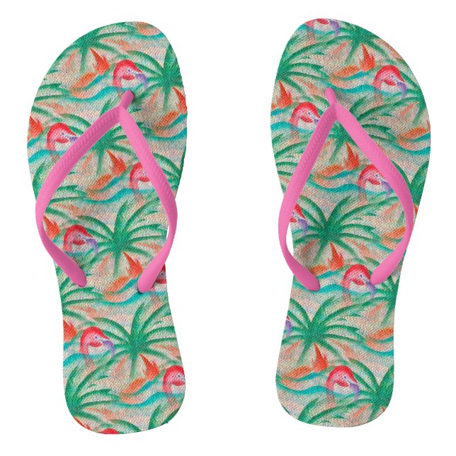 Flamingo Palm Tree Burlap Look Flip Flops (Footbed)