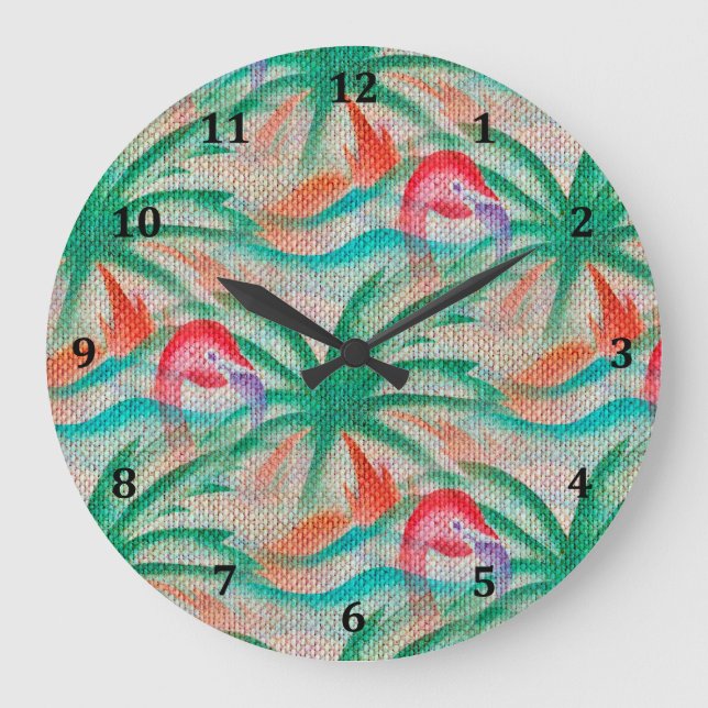 Flamingo Palm Tree Burlap Look Large Clock (Front)