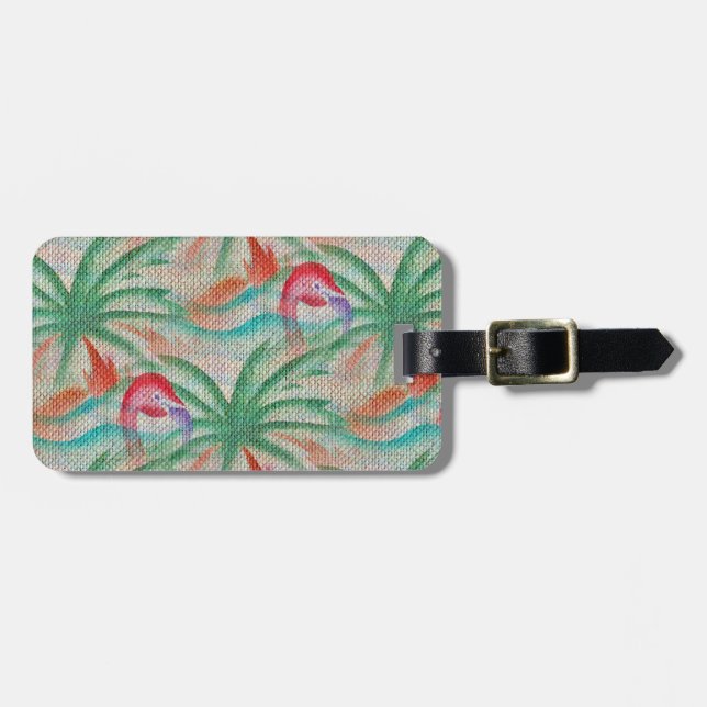 Flamingo Palm Tree Burlap Look Luggage Tag (Front Horizontal)
