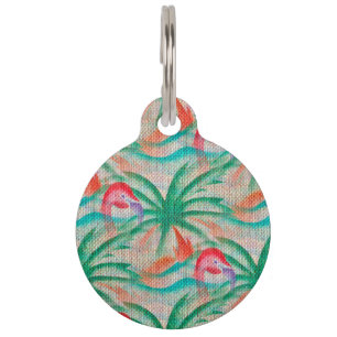 Flamingo Palm Tree Burlap Look Pet Tag