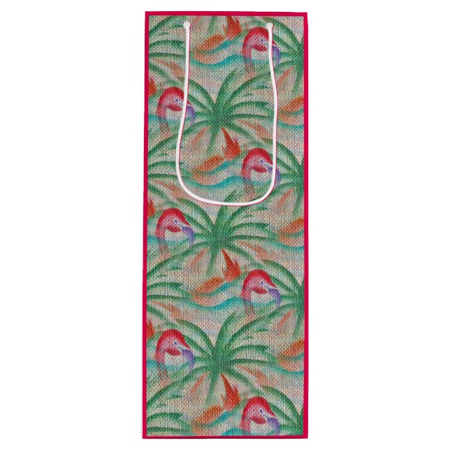 Flamingo Palm Tree Burlap Look Wine Gift Bag (Front)