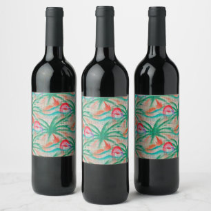 Flamingo Palm Tree Burlap Look Wine Label