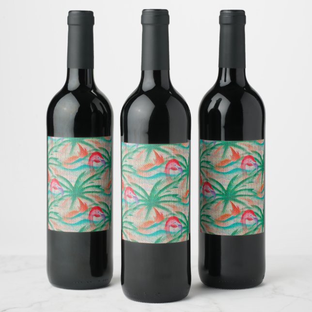Flamingo Palm Tree Burlap Look Wine Label (Bottles)
