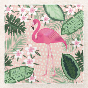 Flamingo, palm trees, kitchen design glass coaster