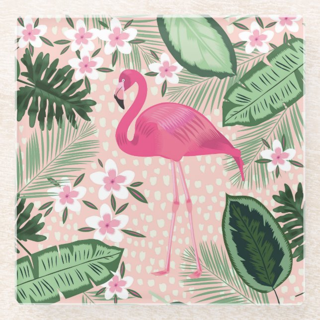Flamingo, palm trees, kitchen design glass coaster (Front)