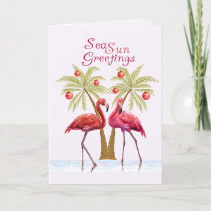 Flamingo Palm Trees Watercolor Christmas Holiday Card