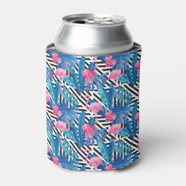 Flamingo & Palms on Geometric Pattern Can Cooler (Can Front)