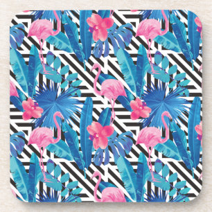Flamingo & Palms on Geometric Pattern Coaster