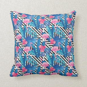 Flamingo & Palms on Geometric Pattern Cushion
