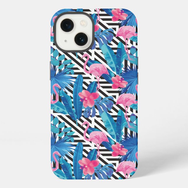 Flamingo & Palms on Geometric Pattern iPhone Case (Back)