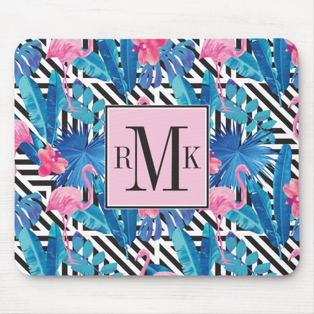 Flamingo & Palms on Geometric Pattern Mouse Mat (Front)