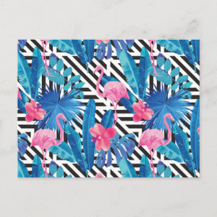 Flamingo & Palms on Geometric Pattern Postcard