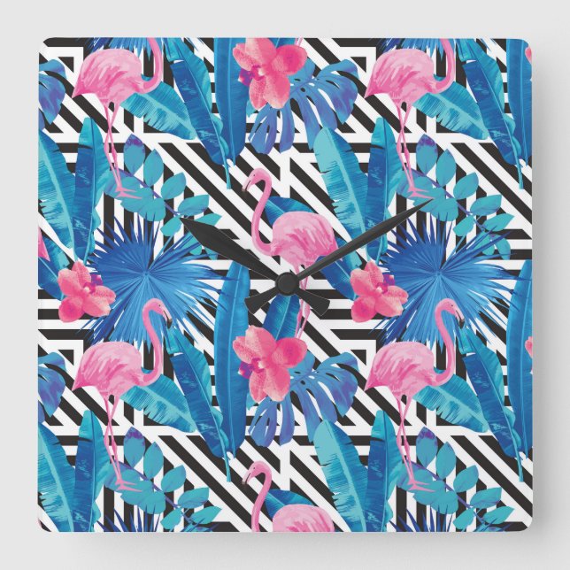 Flamingo & Palms on Geometric Pattern Square Wall Clock (Front)