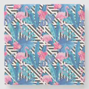 Flamingo & Palms on Geometric Pattern Stone Coaster