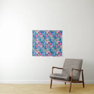 Flamingo & Palms on Geometric Pattern Tapestry