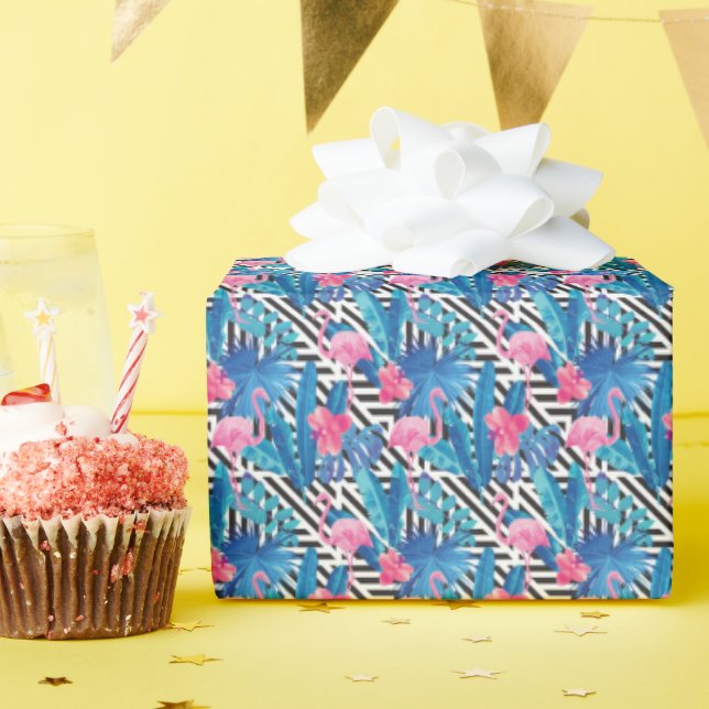 Flamingo & Palms on Geometric Pattern Wrapping Paper (Birthday Party)