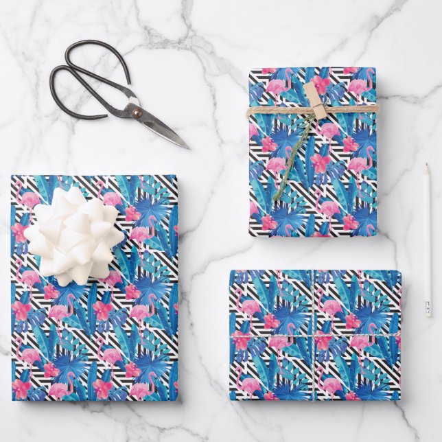 Flamingo & Palms on Geometric Pattern Wrapping Paper Sheet (Front)