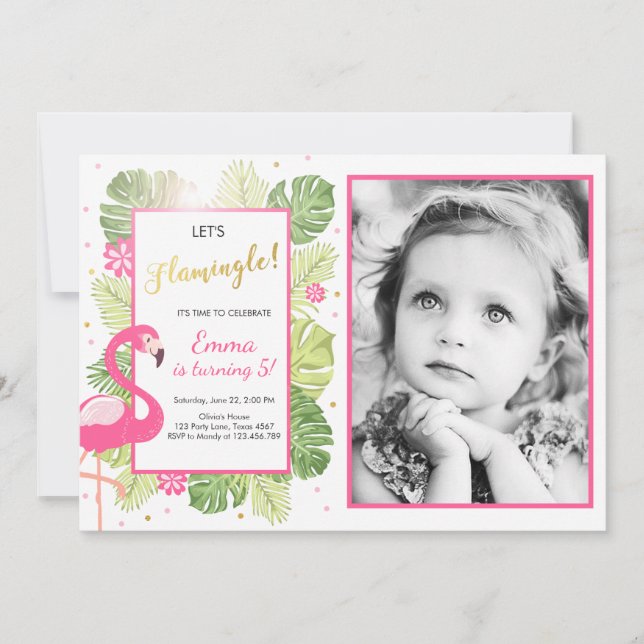 Flamingo party invitation Tropical Birthday luau (Front)