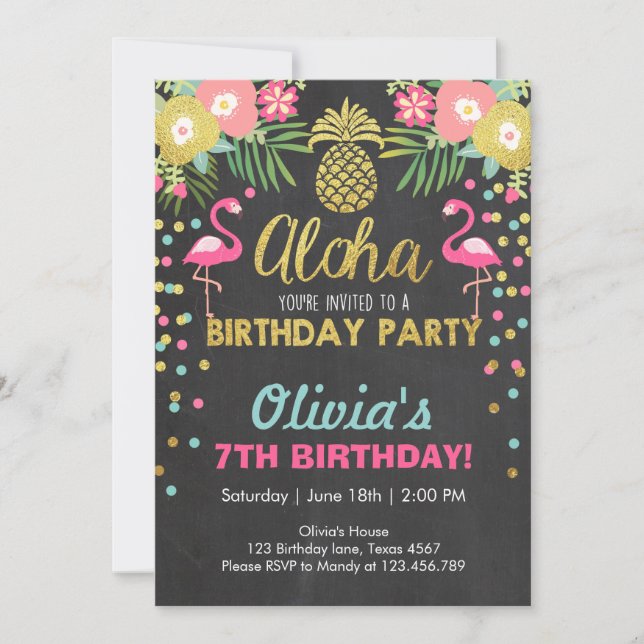Flamingo party invitation Tropical Birthday luau (Front)