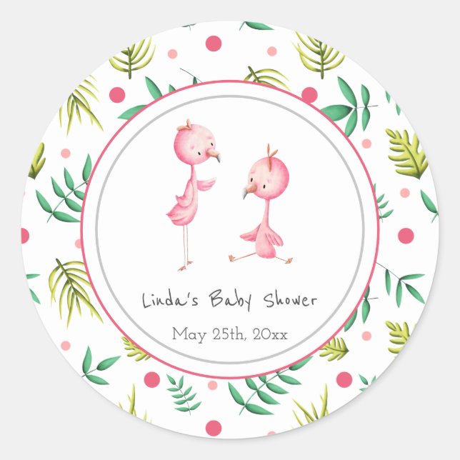 Flamingo Party Personalised Twins Baby Shower Classic Round Sticker (Front)