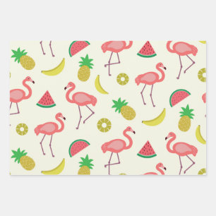 Flamingo Pattern with Watermelon and Pineapples Wrapping Paper Sheet