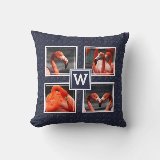 FLAMINGO Photo Collage Monogram Blue Cushion (Front)