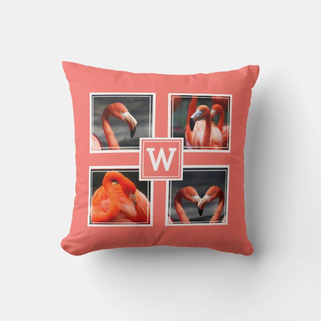 FLAMINGO Photo Collage Monogram Coral Cushion (Front)