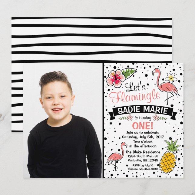Flamingo Pinapple Doodle Birthday Photo Invitation (Front/Back)