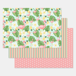Flamingo, Pineapple, Monstera Tropical  Wrapping Paper Sheet