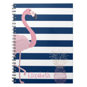 Flamingo,Pineapple Navy Blue Stripes-Personalised Notebook
