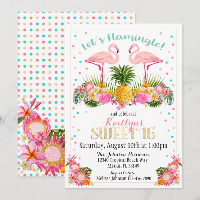 Flamingo Pineapple Tropical Sweet Sixteen Birthday Invitation (Front/Back)